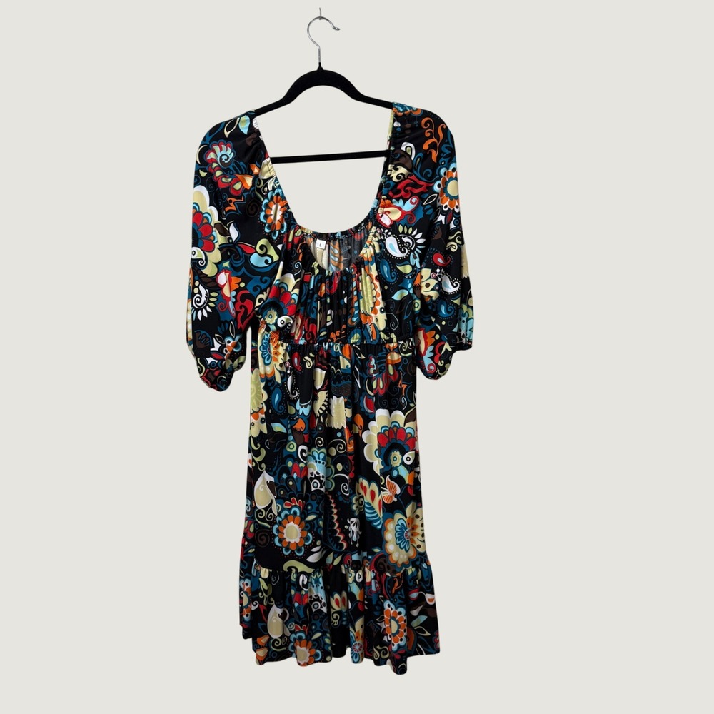 Uncle Frank Dress L Boho Floral Paisley Peasant Puff Sleeve Tiered Knee Length